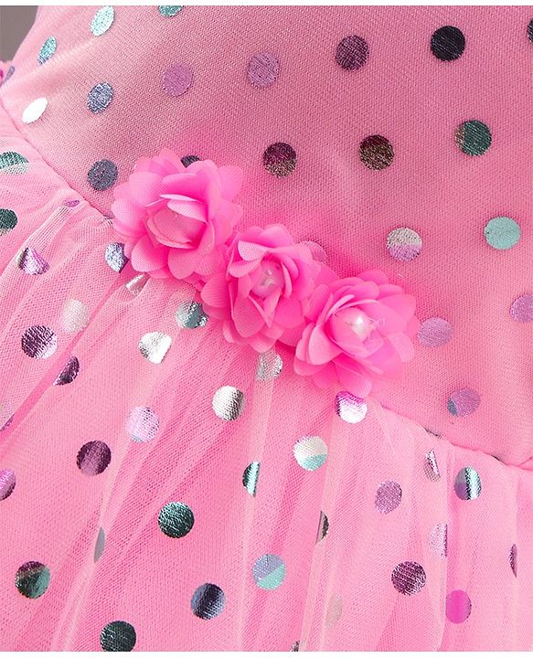 Babyhug Sleeveless Polka Printed Fit and Flare Party Wear Tiered Frock with Corsage - Pink