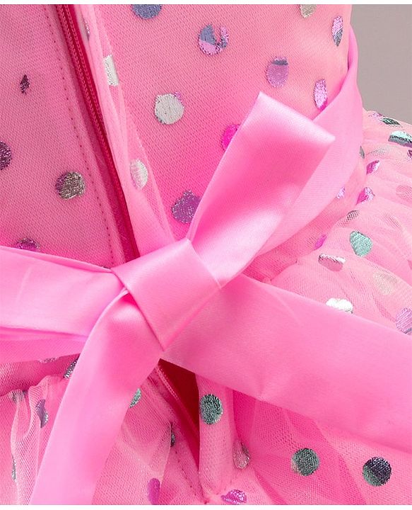 Babyhug Sleeveless Polka Printed Fit and Flare Party Wear Tiered Frock with Corsage - Pink