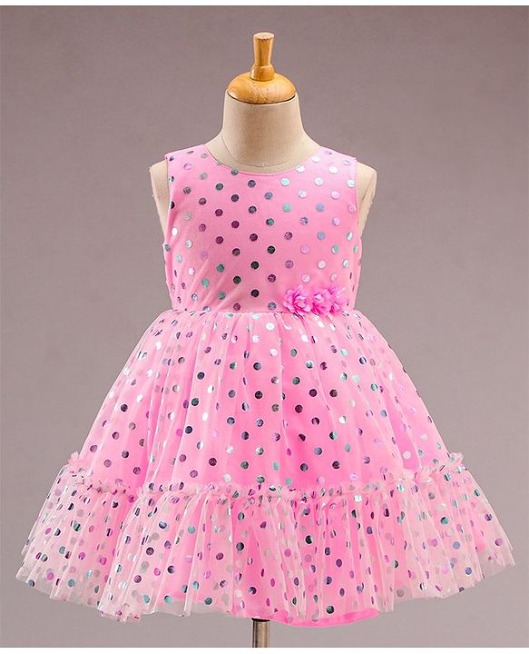 Babyhug Sleeveless Polka Printed Fit and Flare Party Wear Tiered Frock with Corsage - Pink