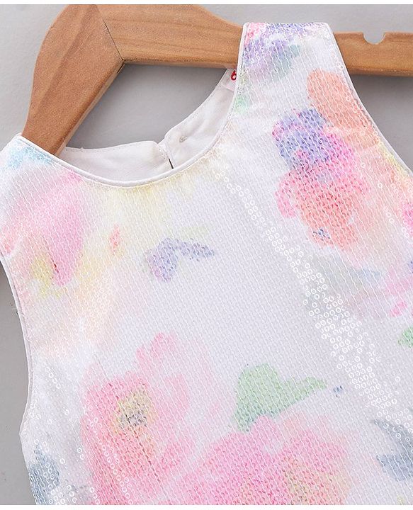 Babyhug Sleeveless A Line Sequined Party Wear Frock with Floral Pattern - Multicolor