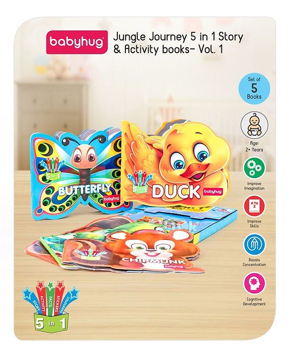 Babyhug 5 In 1 Story & Activity Animal Shape Books Pack of 5 ( Duck, Parrot, Butterfly, Chipmunk, Puppy) - English