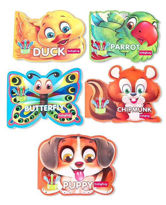 Babyhug 5 In 1 Story & Activity Animal Shape Books Pack of 5 ( Duck, Parrot, Butterfly, Chipmunk, Puppy) - English