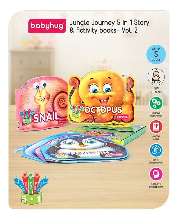 Babyhug 5 In 1 Story & Activity Animal Shape Books Pack of 5 (Octopus, Snail, Penguin,Walrus,Whale) - English