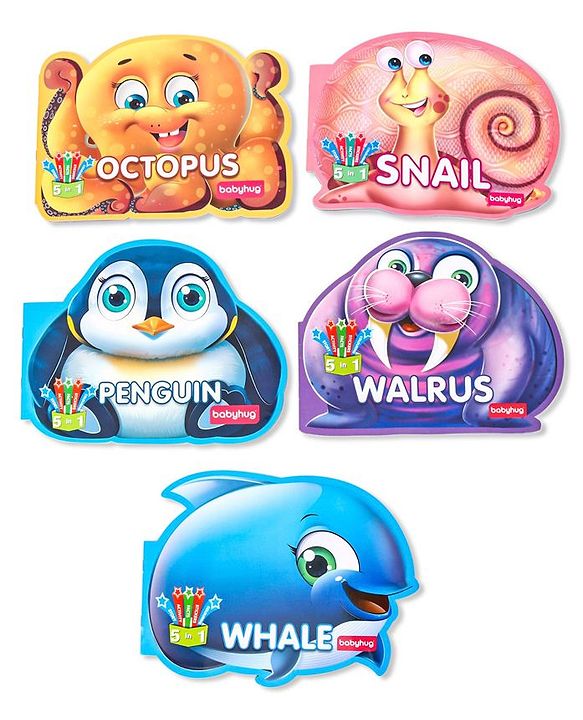 Babyhug 5 In 1 Story & Activity Animal Shape Books Pack of 5 (Octopus, Snail, Penguin,Walrus,Whale) - English