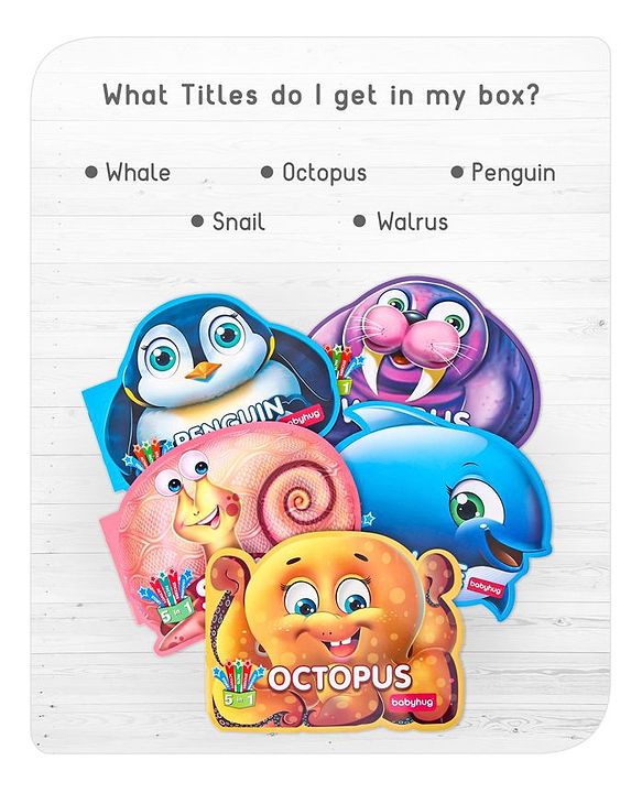 Babyhug 5 In 1 Story & Activity Animal Shape Books Pack of 5 (Octopus, Snail, Penguin,Walrus,Whale) - English