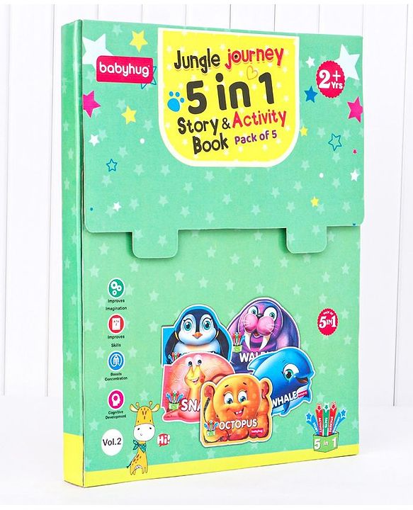 Babyhug 5 In 1 Story & Activity Animal Shape Books Pack of 5 (Octopus, Snail, Penguin,Walrus,Whale) - English