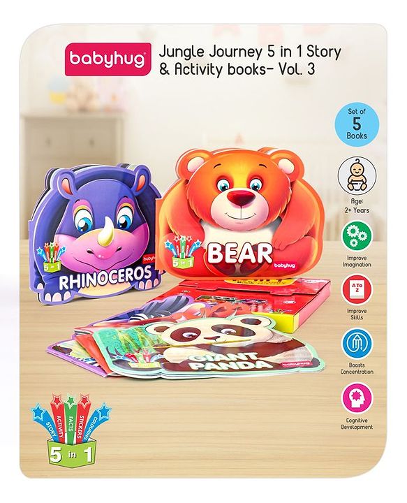 Babyhug 5 In 1 Story & Activity Animal Shape Books Pack of 5 (Rhinoceros, Bear,Dragon, Giant Panda, Zebra) Pack Of 5 - English