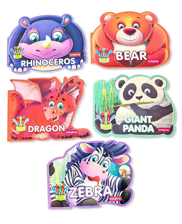 Babyhug 5 In 1 Story & Activity Animal Shape Books Pack of 5 (Rhinoceros, Bear,Dragon, Giant Panda, Zebra) Pack Of 5 - English