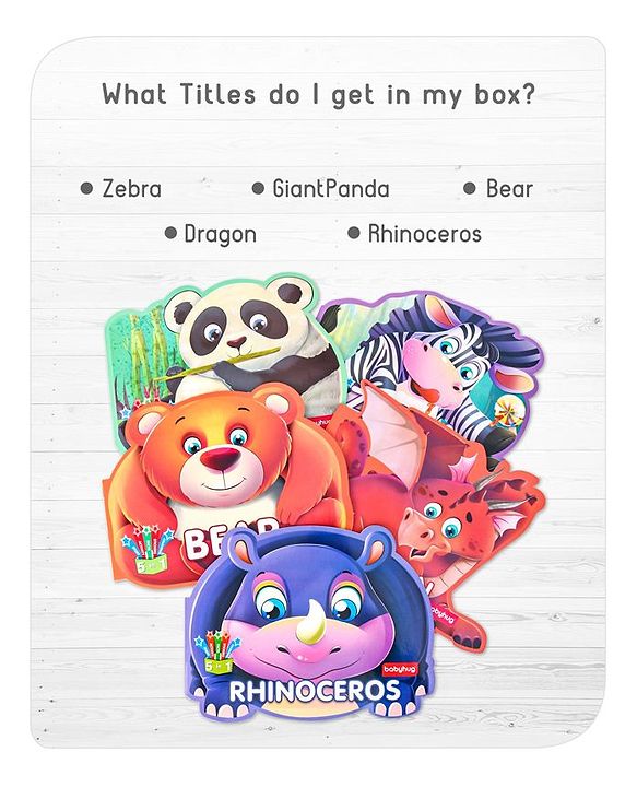 Babyhug 5 In 1 Story & Activity Animal Shape Books Pack of 5 (Rhinoceros, Bear,Dragon, Giant Panda, Zebra) Pack Of 5 - English