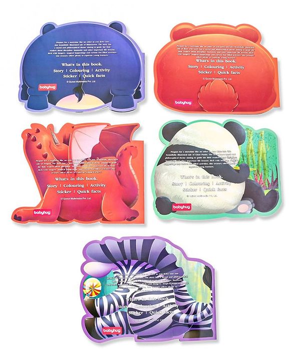 Babyhug 5 In 1 Story & Activity Animal Shape Books Pack of 5 (Rhinoceros, Bear,Dragon, Giant Panda, Zebra) Pack Of 5 - English