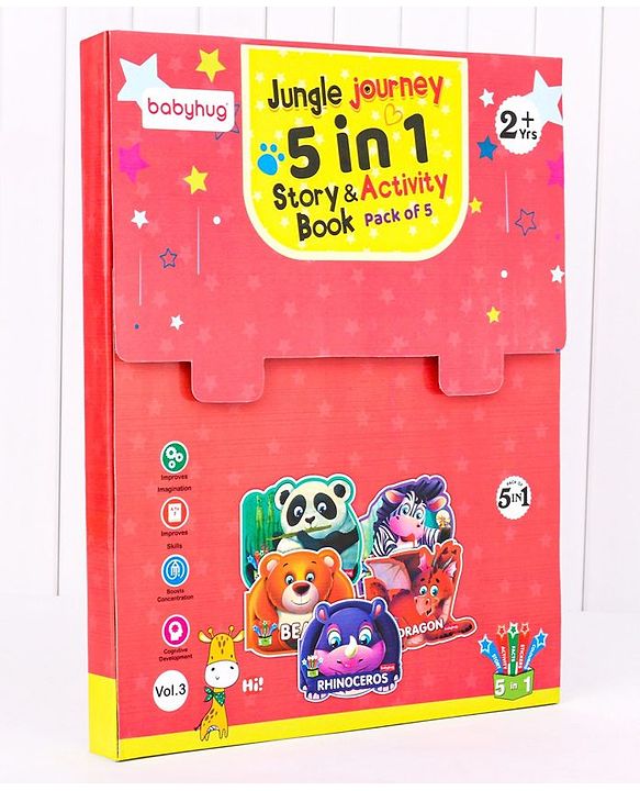 Babyhug 5 In 1 Story & Activity Animal Shape Books Pack of 5 (Rhinoceros, Bear,Dragon, Giant Panda, Zebra) Pack Of 5 - English