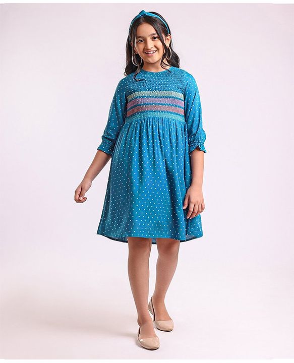 Pine Kids 3/4th Sleeves Embroidered Denim Smocked Frock with Headband Polka Print - Blue