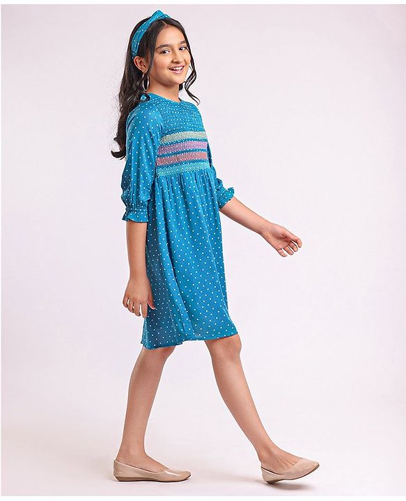 Pine Kids 3/4th Sleeves Embroidered Denim Smocked Frock with Headband Polka Print - Blue