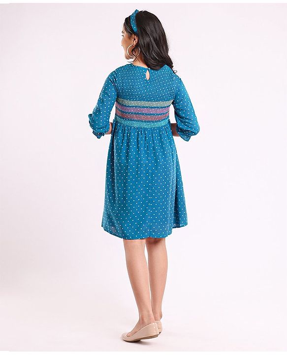 Pine Kids 3/4th Sleeves Embroidered Denim Smocked Frock with Headband Polka Print - Blue