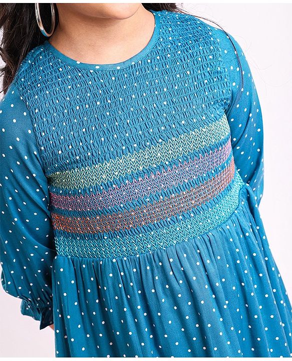 Pine Kids 3/4th Sleeves Embroidered Denim Smocked Frock with Headband Polka Print - Blue