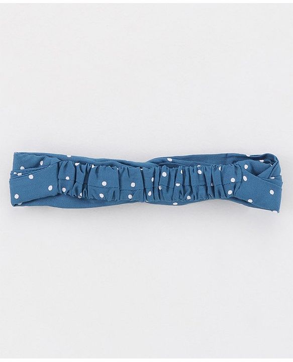 Pine Kids 3/4th Sleeves Embroidered Denim Smocked Frock with Headband Polka Print - Blue