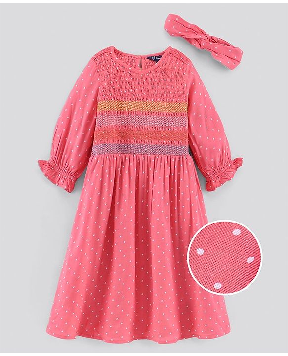 Pine Kids 3/4th Sleeves Gathered Frock with Embroidery and Polka Dot Print - Salmon Pink