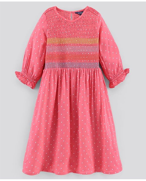Pine Kids 3/4th Sleeves Gathered Frock with Embroidery and Polka Dot Print - Salmon Pink