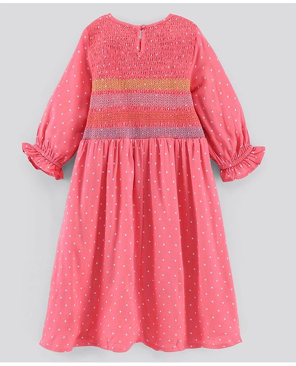 Pine Kids 3/4th Sleeves Gathered Frock with Embroidery and Polka Dot Print - Salmon Pink
