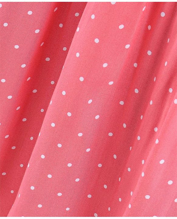 Pine Kids 3/4th Sleeves Gathered Frock with Embroidery and Polka Dot Print - Salmon Pink