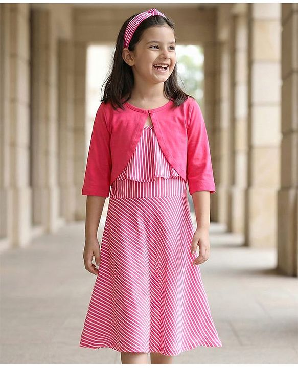 Pine Kids Sleeveless Rayon Frill Frock with Full Sleeves Shrug & Hairband - Pink