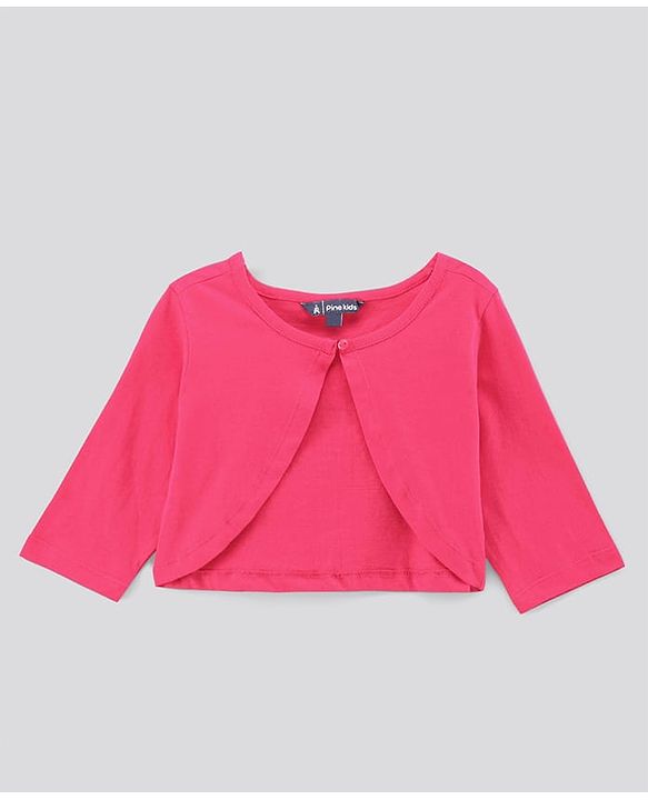 Pine Kids Sleeveless Rayon Frill Frock with Full Sleeves Shrug & Hairband - Pink