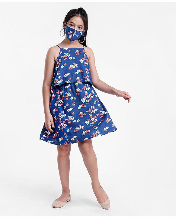 Pine Kids Singlet Frock with Mask Floral Print - Blue
