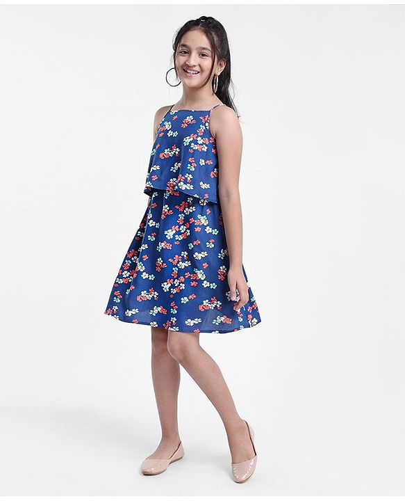 Pine Kids Singlet Frock with Mask Floral Print - Blue