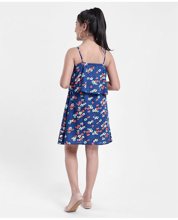 Pine Kids Singlet Frock with Mask Floral Print - Blue