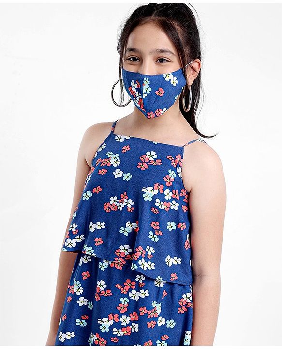 Pine Kids Singlet Frock with Mask Floral Print - Blue