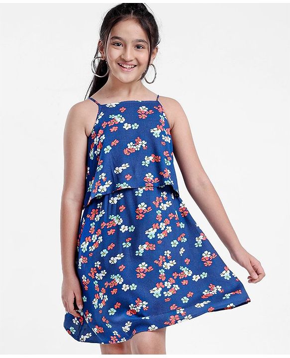 Pine Kids Singlet Frock with Mask Floral Print - Blue
