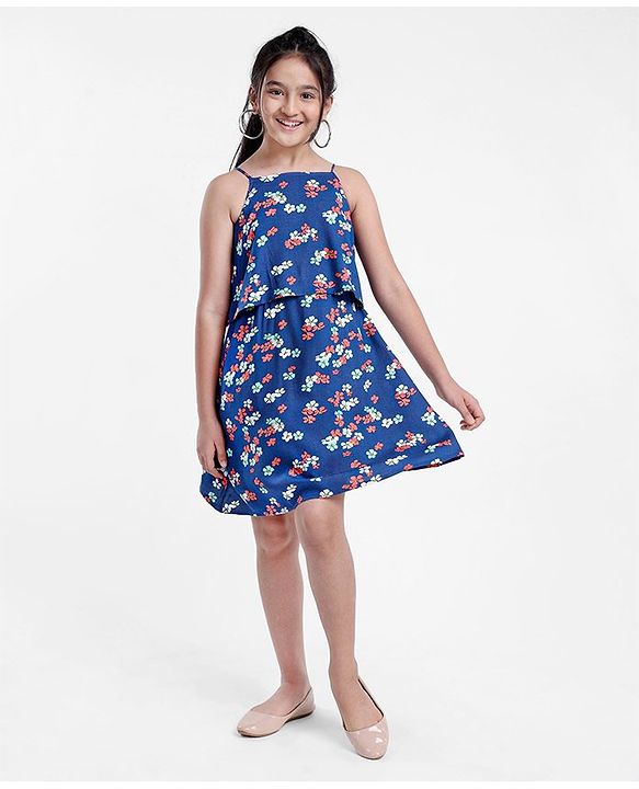 Pine Kids Singlet Frock with Mask Floral Print - Blue