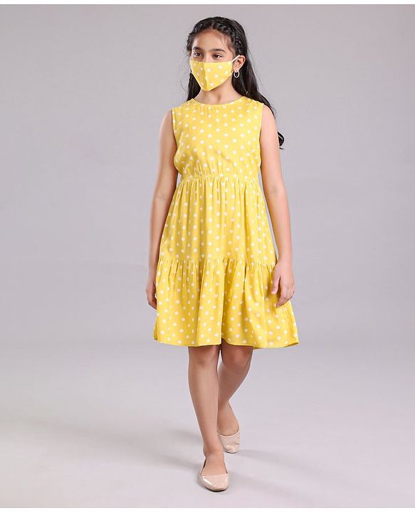 Pine Kids Sleeveless Frock with Mask Polka Dot Print - Yellow