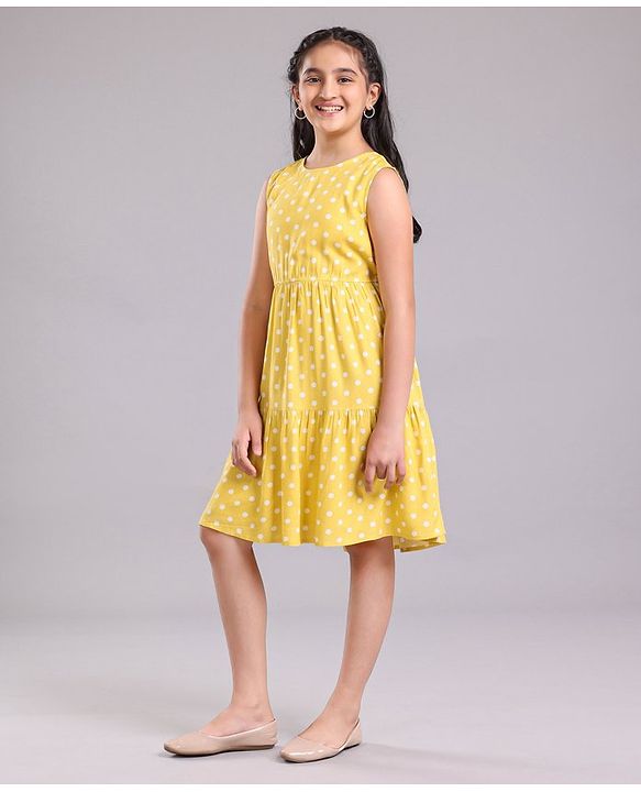 Pine Kids Sleeveless Frock with Mask Polka Dot Print - Yellow