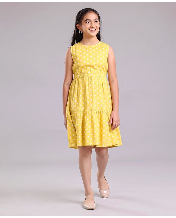Pine Kids Sleeveless Frock with Mask Polka Dot Print - Yellow