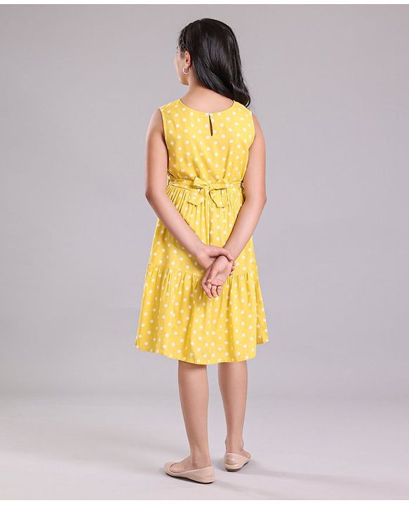 Pine Kids Sleeveless Frock with Mask Polka Dot Print - Yellow