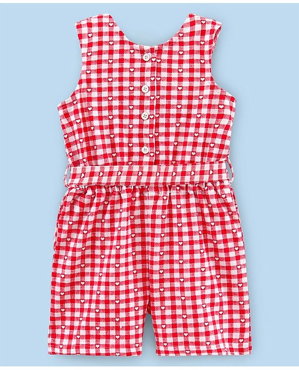 Pine Kids Cotton Biowashed Sleeveless Jumpsuit Check Pattern - Red