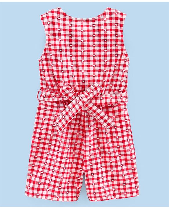 Pine Kids Cotton Biowashed Sleeveless Jumpsuit Check Pattern - Red