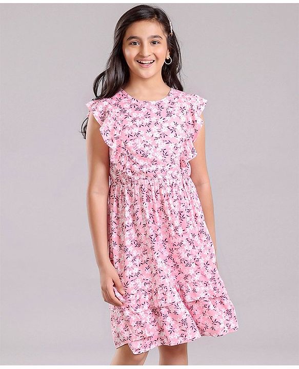 Pine Kids Sleeveless Frock with Mask Floral Print - Pink