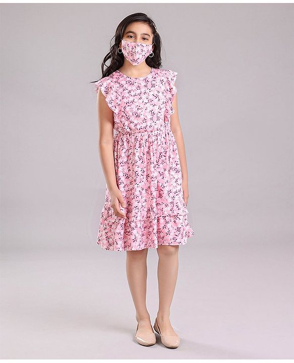 Pine Kids Sleeveless Frock with Mask Floral Print - Pink