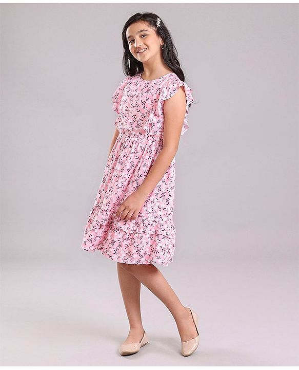 Pine Kids Sleeveless Frock with Mask Floral Print - Pink