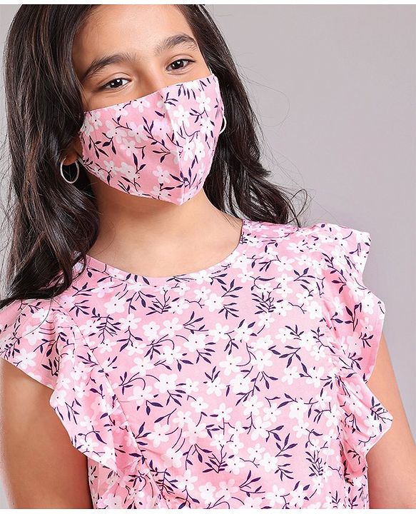 Pine Kids Sleeveless Frock with Mask Floral Print - Pink