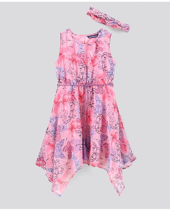 Pine Kids Rayon Sleeveless Asymmetrical Frock with Hairband Butterfly Print - Pink