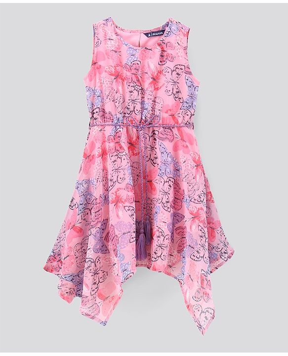 Pine Kids Rayon Sleeveless Asymmetrical Frock with Hairband Butterfly Print - Pink