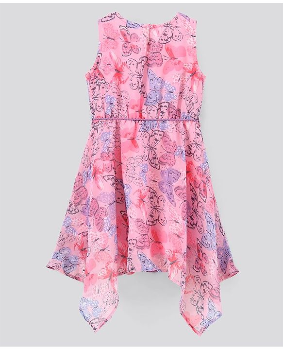 Pine Kids Rayon Sleeveless Asymmetrical Frock with Hairband Butterfly Print - Pink
