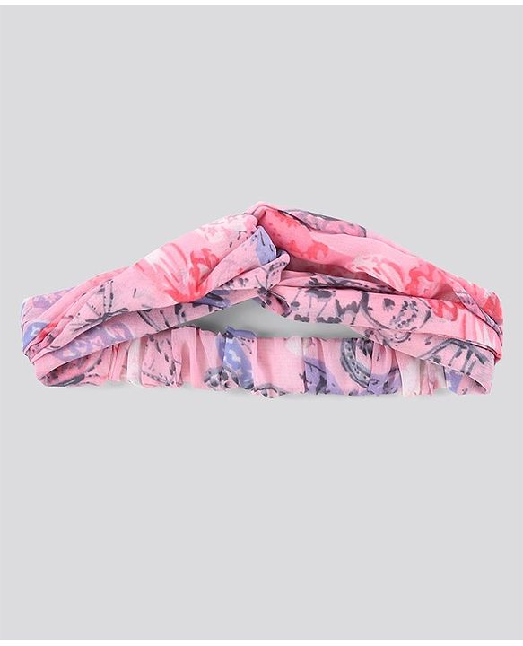 Pine Kids Rayon Sleeveless Asymmetrical Frock with Hairband Butterfly Print - Pink