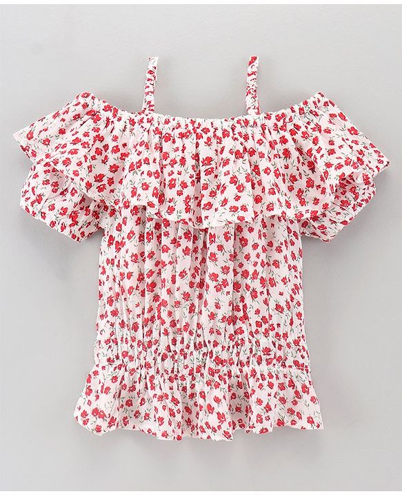 Pine Kids Rayon Woven Half Sleeves Top Floral Print - White Red