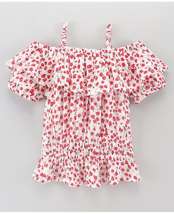 Pine Kids Rayon Woven Half Sleeves Top Floral Print - White Red