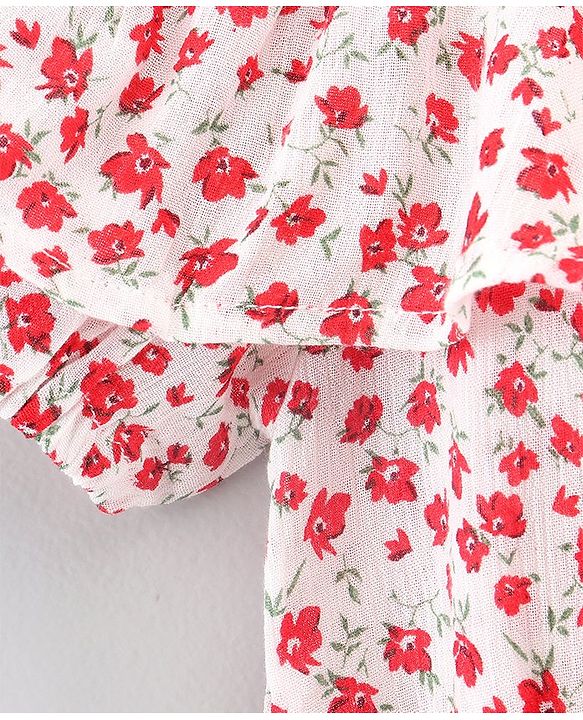 Pine Kids Rayon Woven Half Sleeves Top Floral Print - White Red