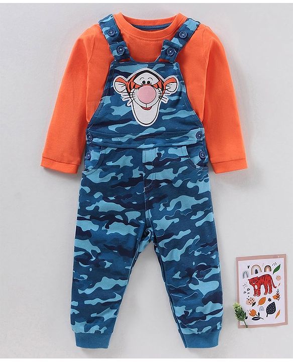 Babyhug Full Sleeves Cotton Tee With Dungaree Camo Print & Tiger Applique- Orange Blue